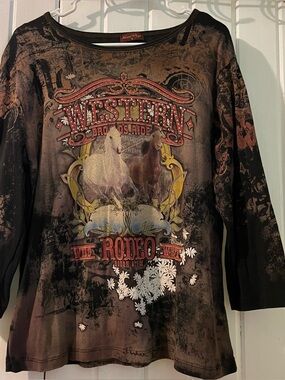 Flower N Ring bling western rodeo tee 1X EUC